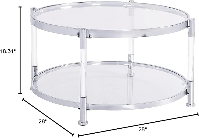 Tempered Glass Round Coffee Table, 28" Modern Acrylic Legs Circle Center Table for Living Room