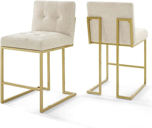 Modway Privy Stainless Steel Upholstered Fabric Counter Stool Set of 2, Gold Beige