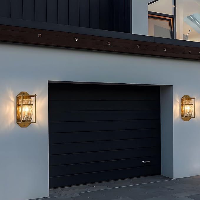 Vintage Gold Outdoor Wall Sconce,Waterproof Exterior Light Fixture with Glass Shades & E26 Sockets, Porch Wall Mount Lighting Brightens to Garage,Patio,Front Door