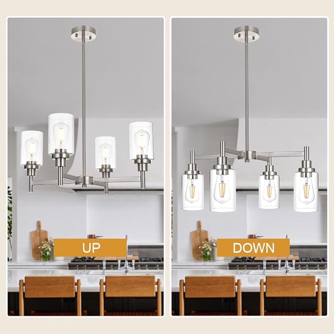 VINLUZ 4 Light Modern Chandelier Brushed Nickel Pendant Lighting Clear Glass Shades Contemporary Ceiling Light Fixtures for Dining Room Kitchen Living Room