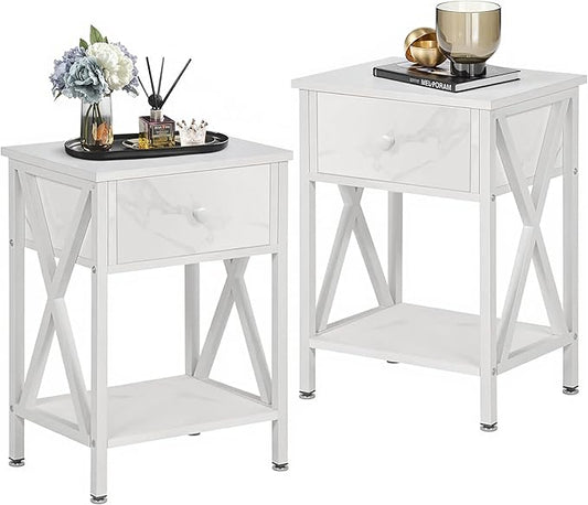 VECELO Night Stand Set of 2, End Tables with Drawer, 2-Tier Bedside Tables with X Shaped, Side Table Stand with Storage Shelf for Living Room/Bedroom,White