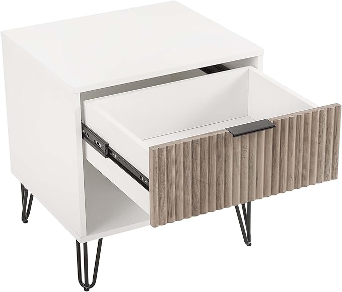 Manhattan Comfort Dumbo Fluted Nightstand with Drawer and Open Shelf, Gold Hairpin Legs and Metal Handle, Snap Tool-Free Assembly, Bedside Accent Table for Bedroom, Living Room in White & Rustic Grey