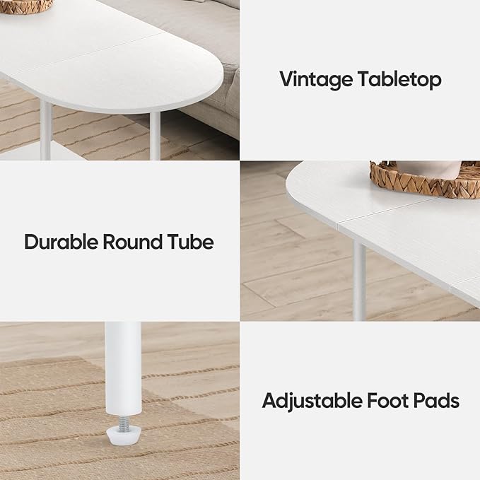 White Coffee Tables for Living Room,Mid Century Oval Center Table with Storage Shelf and Wood Tabletop,2-Tier Modern Narrow Cocktail Tea Table for Small Space,Small Apartment