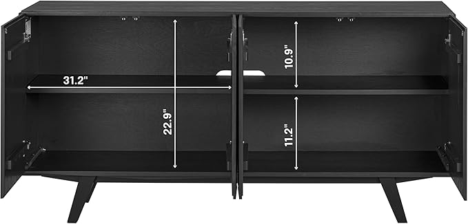 NTC Sapa Mid-Century Modern Solid Wood Sideboard – 4-Door Accent Buffet Cabinet with Carved Geometric Fronts, for Living Room, or Entryway, Effortless Assembly, Burnt Black
