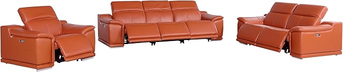 BlackJack Furniture Venice Top Grain Italian Leather 6 Power Recliner Seaters 3 Piece Sofa Set with Adjustable Headrests Modern Luxury Seating Sofa, Loveseat and Chair for Living Room Lounge, Camel