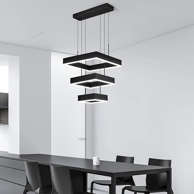 Modern LED Chandelier 3 Ring Dimmable Square Black Adjustable Pendant Ceiling Light Fixture for Foyer, Dining Room, Bedroom, Living Room
