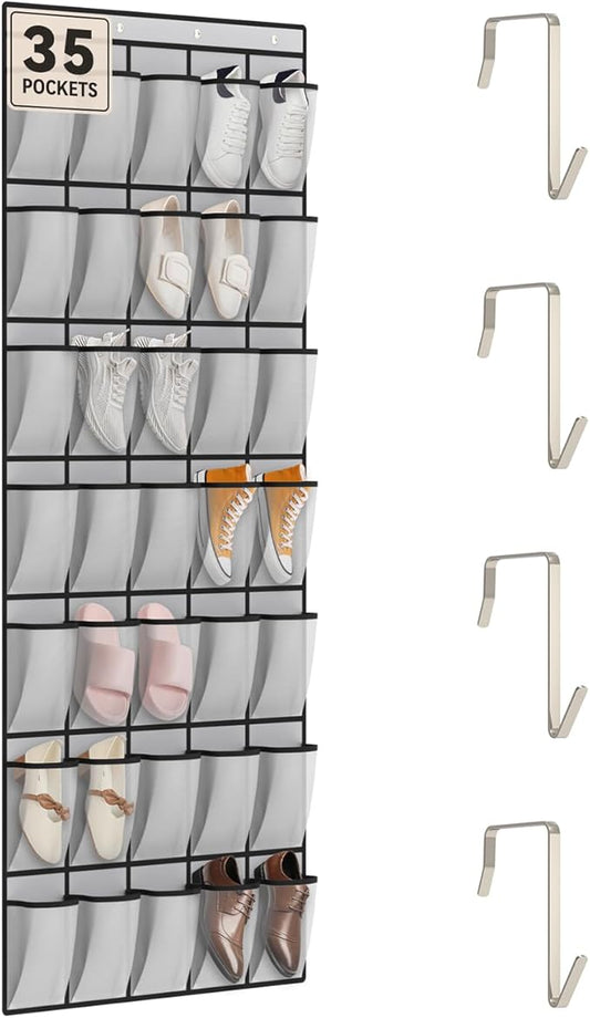 dodowin Over the Door Shoe Organizer Rack, 35 Large Breathable Mesh Pockets, Foldable Hanging Storage Holder for Closet Door, Space Saving Shoe & Accessory Organizer with 4 Metal Hooks, Gray