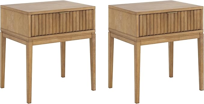 Nathan James Boho Jasper Wood Nightstand with Drawer, Fluted Side Table or End Table with Storage, Light Brown, Set of 2