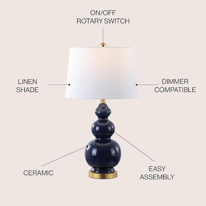 JONATHAN Y 27.5" Navy/Brass Gold Modern Ceramic Gourd Table Lamp for Living Room, Large Bedside Nightstand Lamp for Bedroom, White Linen Drum Shade, LED Bulb Included (JYL4023B)
