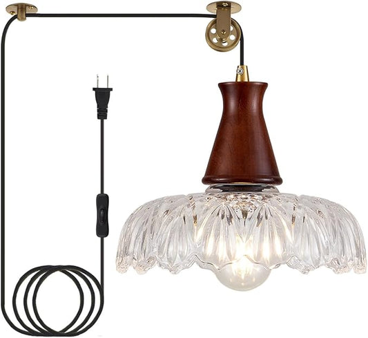 YLONG-ZS Plug in Pendant Light,8 Inch Glass Lampshade Hanging Lights with Plug in Cord Two Ways Switches Industrial Brass Pendant Lights with Plug in Cord for Bedroom