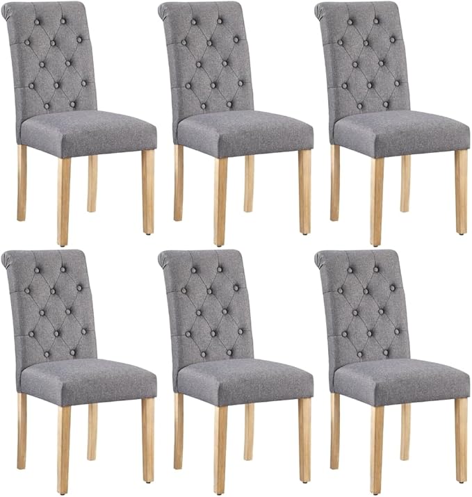 Yaheetech Dining Chairs Set of 6 Fabric Upholstered Dining Room Chairs with Button Tufted High Back and Solid Wood Legs for Kitchen/Living Room/Restaurant, Modern Style, Dark Gray