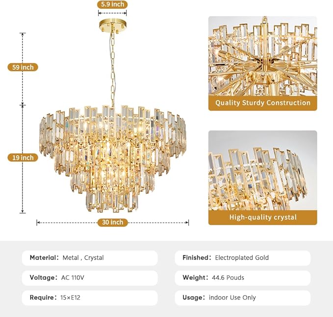 Crystal Contemporary Chandelier Foyer Entryway Lighting, 4-Tier Large Foyer Entrance Chandeliers for High Ceiling Big Crystal Chandelier (Dia 30 inch 15 Lights) Gold
