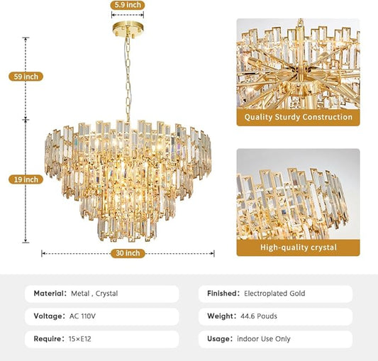 Crystal Contemporary Chandelier Foyer Entryway Lighting, 4-Tier Large Foyer Entrance Chandeliers for High Ceiling Big Crystal Chandelier (Dia 30 inch 15 Lights) Gold