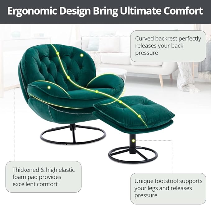 Velvet Swivel Accent Chair with Ottoman Set, Modern Lounge Chair with Metal Base Frame & Footrest, Comfortable Single Leisure Sofa Chair Reading Chair with 360 Degree Swiveling for Living Room, Green