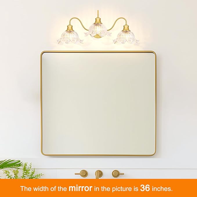 Brushed Gold Bathroom Vanity Light Fixture Vintage 3 Light Bathroom Lighting Over Mirror, Farmhouse 24'' Wall Sconce Lighting with Flower Glass Shades, Easy Mount for Makeup Area, E26 Bulb Compatible