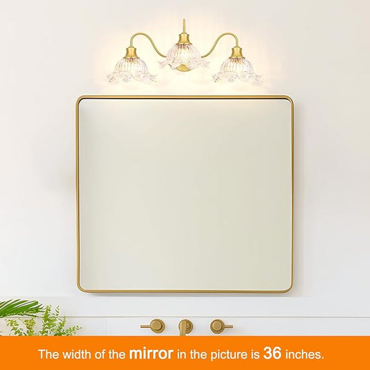 Brushed Gold Bathroom Vanity Light Fixture Vintage 3 Light Bathroom Lighting Over Mirror, Farmhouse 24'' Wall Sconce Lighting with Flower Glass Shades, Easy Mount for Makeup Area, E26 Bulb Compatible