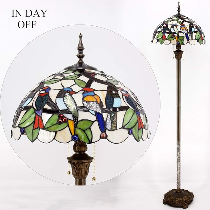 WERFACTORY Tiffany Floor Lamp Double Birds Amber Stained Glass Standing Reading Light 16X16X64 Inches Antique Pole Corner Lamp Decor Bedroom Living Room Home Office S805 Series