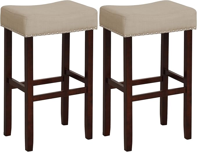 ERGOMASTER Bar Stools, 29 Inch Modern Saddle Stools, Rubber Wood, Khaki/Brown, Set of 2
