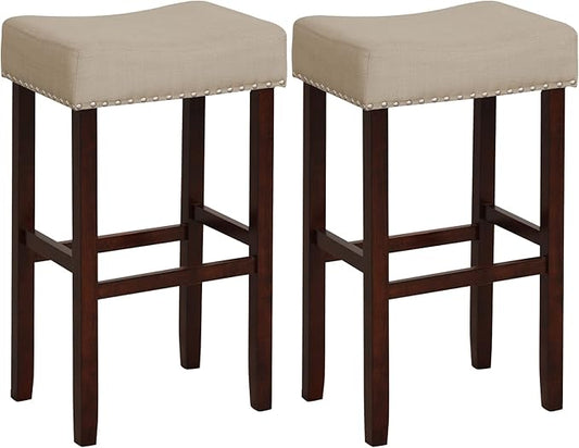 ERGOMASTER Bar Stools, 29 Inch Modern Saddle Stools, Rubber Wood, Khaki/Brown, Set of 2