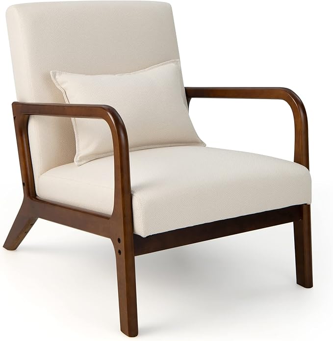 Giantex Modern Accent Chair with Pillow - Comfy Upholstered Lounge Armchair with Anti-Slip Felt Pads, Wooden Frame Soft Padded Arm Chairs for Living Room, Bedroom, Study, Beige