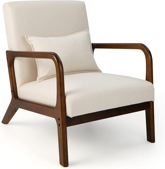 Giantex Modern Accent Chair with Pillow - Comfy Upholstered Lounge Armchair with Anti-Slip Felt Pads, Wooden Frame Soft Padded Arm Chairs for Living Room, Bedroom, Study, Beige