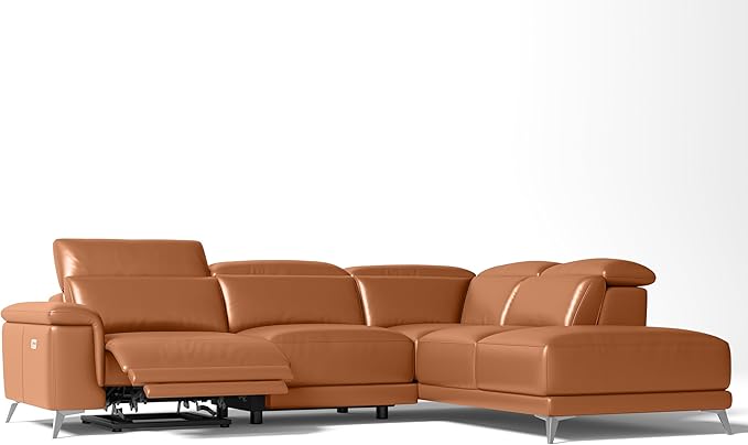 Valencia Pista Full Leather Right Chaise Sofa 112.5" | Italian Nappa Leather Modern Cloud Couch for Living Room/Apartment Furniture | Power Recliner, Ultimate Comfort, Cognac