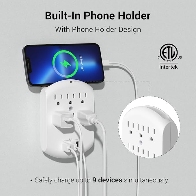 Clear Power 6 Outlet Extender Multi Plug Outlet Splitter, Nightlight, Wall Charger, 3-Prong, White, ETL Listed, DC3S-1005-DC