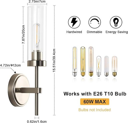 WILON Bathroom Wall Sconces Set of 2, Brushed Nickel Vanity Lights for Bathroom, Indoor Wall Light Fixtures with Clear Glass Shades, Wall Lamp for Mirror Bedroom Living Room Bedside Hallway