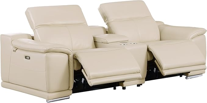 Blackjack Furniture Venice Top Grain Italian Leather Recliner 7 Seater 6 Power Reclining 3 Piece Sofa Set with Adjustable Headrests Modern Seating Sofa, Loveseat and Chair for Living Room , Beige