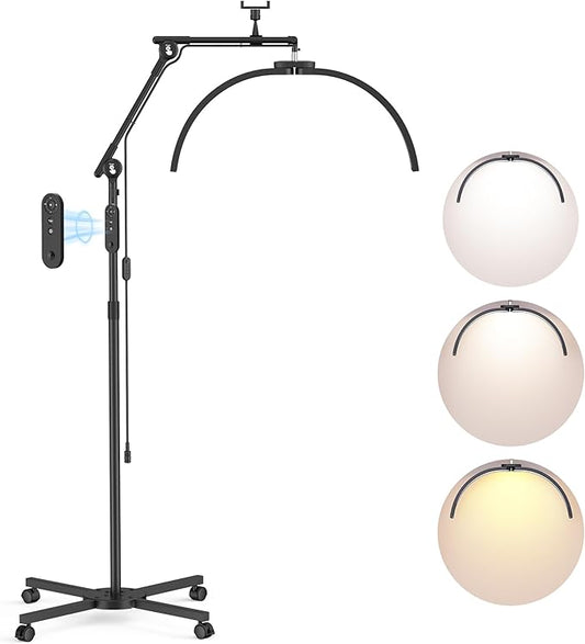 CHICLUX Half Moon Light for Eyelash Extensions, Dimmable LED Lash Light with Phone Holder, Esthetician Lamp with Adjustable Brightness & Height, Wheeled Base, Foldable Lamp Head, Black