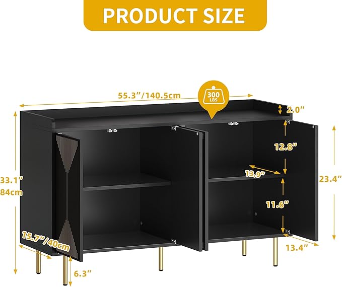 DWVO Modern Kitchen Storage Cabinet with Adjustable Shelves, 55" Sideboard Buffet Cabinet with Storage for Hallway, Kitchen or Living Room, Black