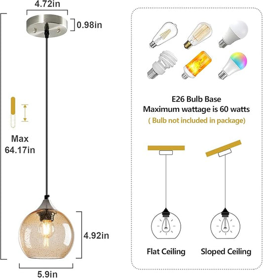 Light Brown Glass Pendant Lights Kitchen Island Globe Pendant Light Fixtures Modern Pendant Lighting for Bedroom Living Dining Room Light Fixture (5.9 in, 3 Pack)