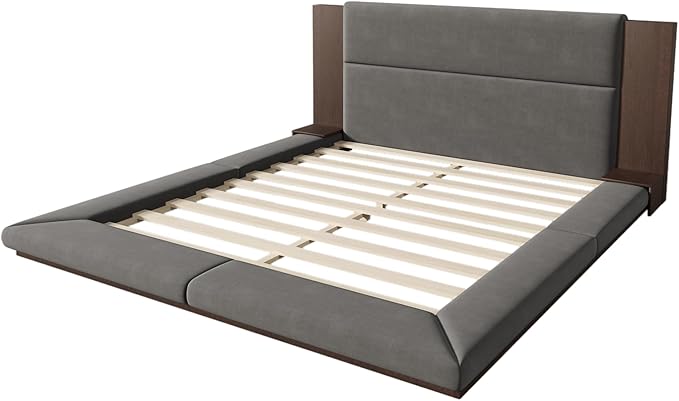 Merax King Size Floor Upholstered Platform Bed with Extended Wood Headboard and Bedside Shelf,No Box Spring Needed,Gray
