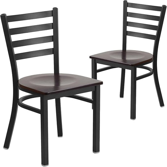 Flash Furniture 2 Pack HERCULES Series Black Ladder Back Metal Restaurant Chair - Walnut Wood Seat