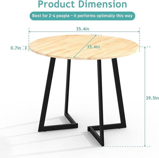Karl home 35.4in Small Dining Table, Round Dining Table with Wood Finish Wing-Shaped Steel Legs, Circle Dinner Tables for Small Space, Apartment, Office, Kitchen, for 2 to 4 Person-Natural