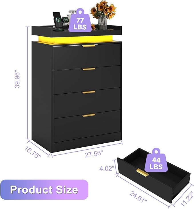 Black Dresser with LED Lights and Power Outlet, Wooden 4 Drawer Dresser Tall Dresser for Bedroom, Modern Chest of Drawers Closet Organizer for Bedroom, Entryway, Hallway