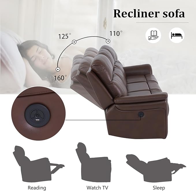 Breathable Leather Power Recliner Sofa Set, 3 Piece Living Room Furniture Set, Reclining Sofa Loveseat Chair Set with LED Lighting/USB Port/Cup Holders/Storage for Home Theater (Reddish Brown)