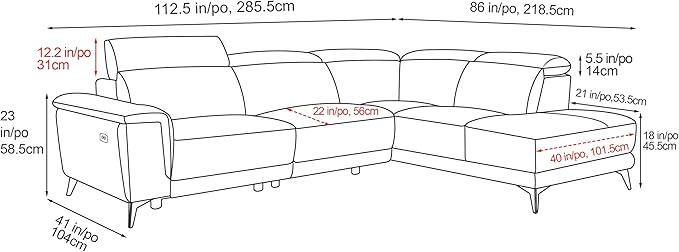 Valencia Pista Leather Reclining Sectional Sofa with Right Hand Chaise - Italian Nappa 11000 Top Grain Leather Couch - Power Reclining Seat with Leggett Adjustable Headrests - Black