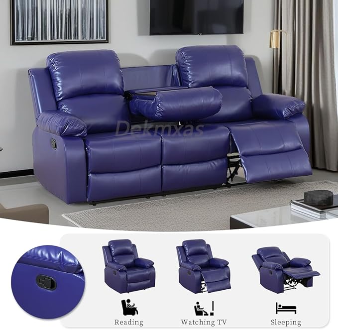 3 Seater Recliner Sofa Couch Manual Reclining Sofa Modern Leather Reclining Sofa Living Room Couch with Cup Holders & Drop Down Table for Living Room/Office/Rv Car (Purple Blue, 3 Seater Sofa)