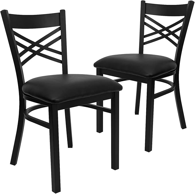Flash Furniture Hercules Series "X" Back Metal Restaurant Chairs, Modern Upholstered Armless Dining Chairs for Restaurants/Kitchens, Set of 2, Black
