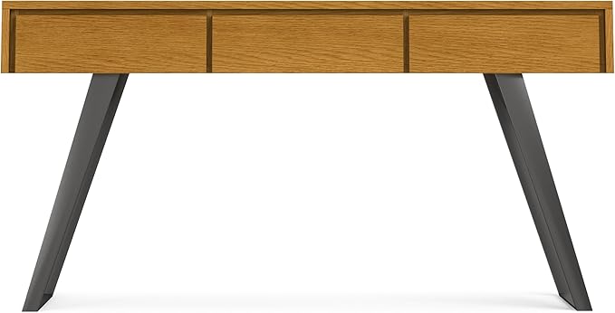 SIMPLIHOME Lowry Console Table - 60 Inch Wide Solid Oak Veneer and Metal Sofa Table in Oak, Modern Industrial Storage Table for Entryway or Living Room with 3 Drawers and Angled Metal Legs