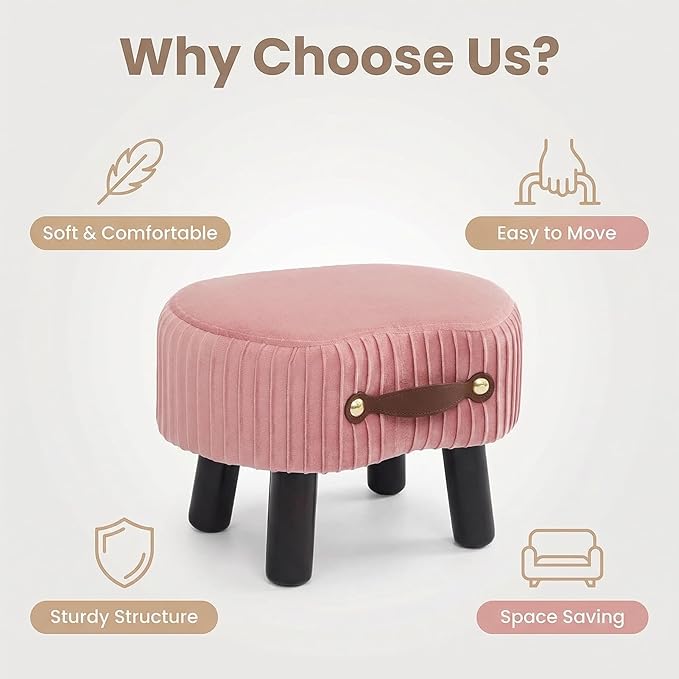 Small Footstool with Handle, Velvet Ottoman Foot Rest with Padded Seat, Curved Foot Stool with Wooden Legs, Portable Foot Rest for Living Room, Bedroom, Entryway, Pink