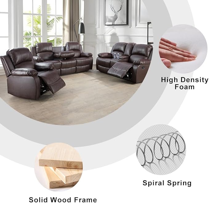 Manual Reclining Couch Bonded Leather Recliner Loveseat Couch 2 Seater Reclining Sofa Living Room Couch with Cup Holders/Storage Console/Lumbar Support for Home/Office/Rv Car (Brown, Loveseat)