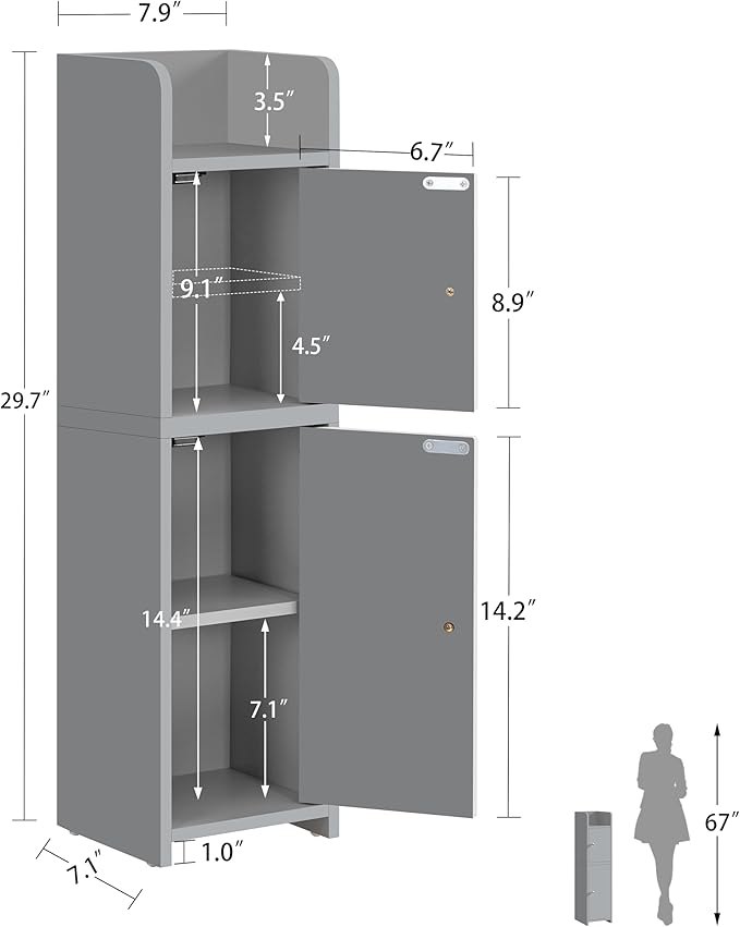 TEENFON Small Bathroom Storage Cabinet, Storage Cabinet with Doors and Adjustable Shelves, Corner Bathroom Cabinet, Narrow Cabinets for Small Spaces, Grey