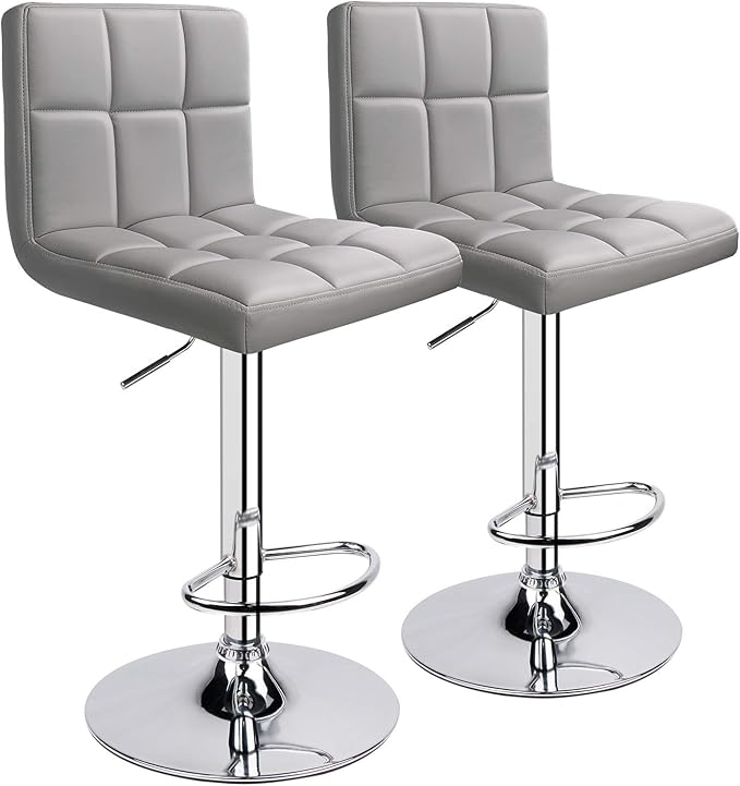 Leopard Bar Stools, Modern PU Leather Adjustable Swivel Bar Stool with Back, Set of 2 (Light Grey)
