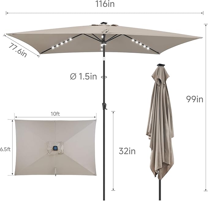 6.5x10 FT LED Lighted Rectangular Patio Umbrella, Rectangular Solar Umbrella Outdoor with Center Ring Light 28 LED Lights, Rectangle Table Umbrella for Deck, Backyard, Pool, Beach (Taupe)