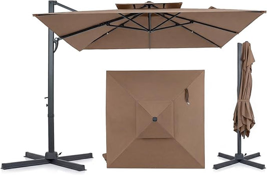 Tangkula 10 FT Patio Cantilever Umbrella, Large Square Offset Hanging Umbrella w/ 360° Rotation, 8 Sturdy Ribs, Air Vent & Cross Base, Heavy-Duty Outdoor Sun Shade for Backyard Pool Garden Deck, Tan