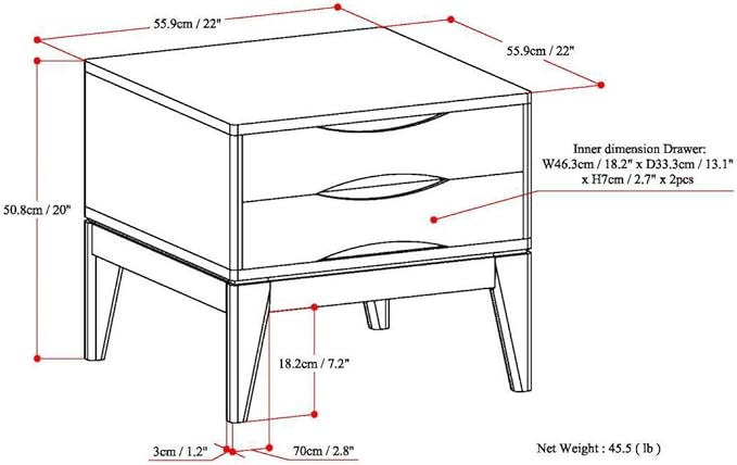 SIMPLIHOME Harper End Table - 22 inch Wide Solid Wood 2 Drawer Side Table in Walnut Brown, Mid Century Modern Accent Table for Living Room with Tapered Legs and Notched Handles