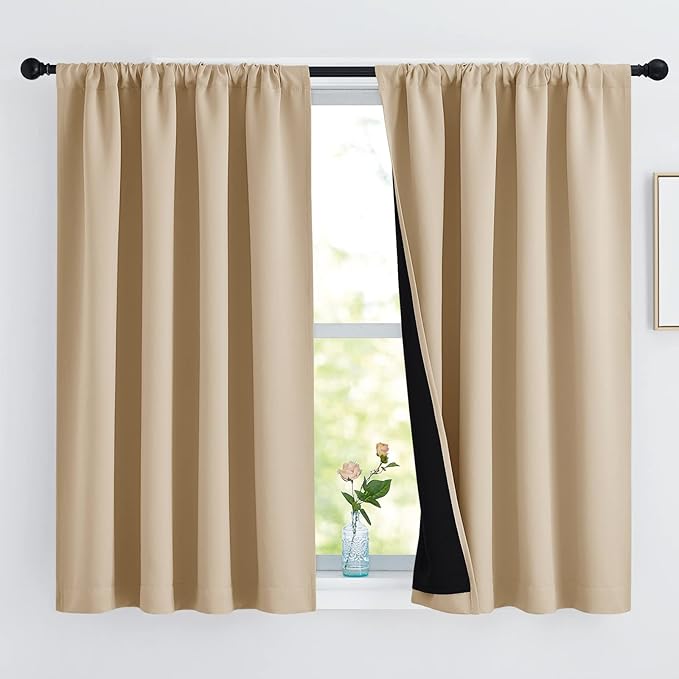 NICETOWN Bedroom Durable Full Blackout Curtain Panels, Great Job for Blocking Light, Rod Pocket Complete Blackout Draperies with Black Liner for Night Shift (Biscotti Beige, Set of 2, 52 by 54-inch)