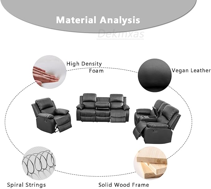Vegan Leather Black Recliner Sofa Set 3PCS Reclining Couch Set Living Room Furniture Set Manual Reclining Sofas with Cup Holder/Storage Console/Flip Down Table for Home/Office (Black,3PCS Set)